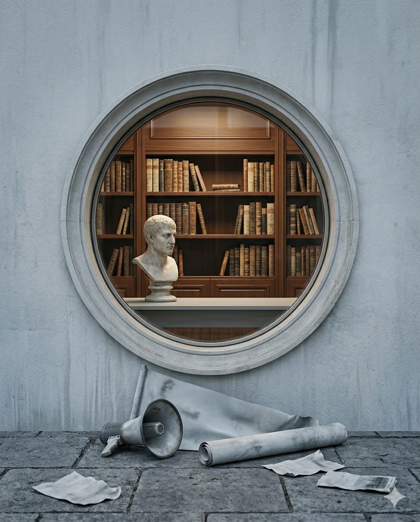 A circular oculus window set into a pale stone wall. Inside, a warm wood-panelled library: dark shelves of aged hardback volumes, a marble bust on a plain pedestal. Outside, on grey paving stones at the foot of the wall: a metal megaphone lying on its side, a rolled paper, several loose sheets scattered across the ground.